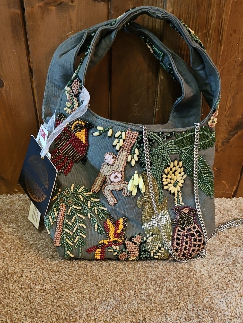 Jungle Theme Hand-Beaded Green Embroidered Tote Bag by